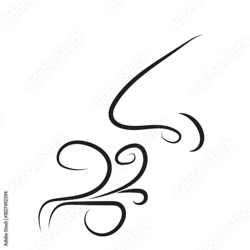 Hand drawn minimalist vector icon of a nose with scent waves