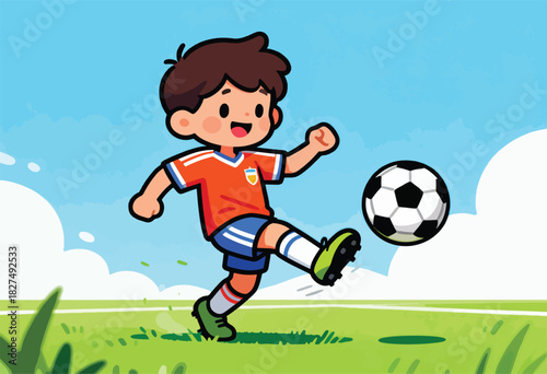 A cartoon child kicks a soccer ball on a green field under a blue sky, showcasing the joy of sports