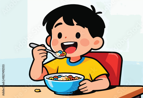 Cheerful cartoon boy eats cereal, spoon held up, mouth open. Bowl and table set. Light backdrop
