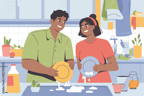 A smiling couple washes dishes together in a clean kitchen, surrounded by utensils and plants