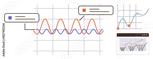 Line graphs presenting data trends with captions overlayed, shopping cart analysis, and growth metrics. Ideal for business strategy, data science, trend analysis, e-commerce, growth tracking