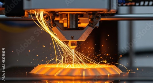 Industrial metal 3D printer head working with a laser, creating a new part from powder and producing a shower of bright orange sparks in a modern factory