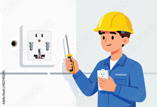 An electrician in blue overalls and a yellow hard hat smiles, holding a screwdriver by an electrical outlet