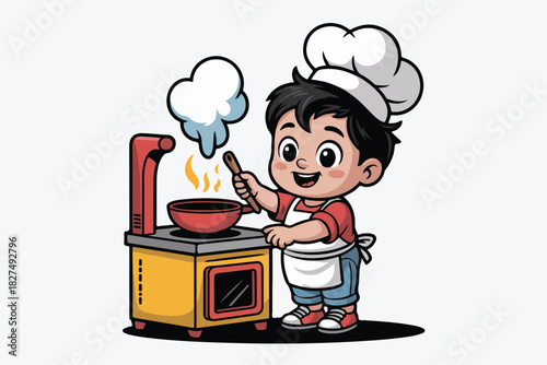 Cartoon child chef cooks food on a stove, steam rising from the pan, wearing an apron and toque