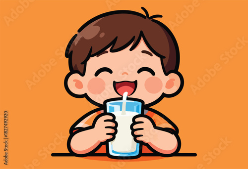 A cartoon child is happily drinking milk from a glass with a straw, orange background