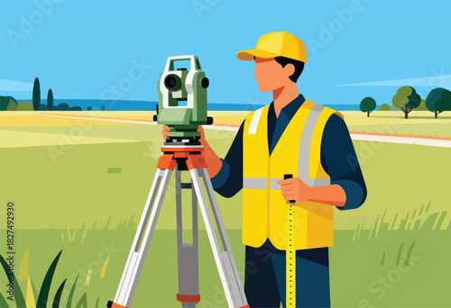 An illustration shows a surveyor in safety gear with a theodolite on a tripod in a field
