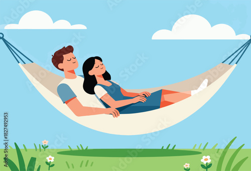 Illustration depicts a relaxed couple in a hammock under a blue sky with clouds, surrounded by grass and flowers