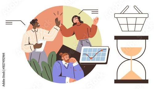 Diverse team brainstorming, analyzing trends on tablet, celebrating success, basket and hourglass symbolizing goals, deadlines, and productivity. Ideal for teamwork, goal-setting, efficiency time