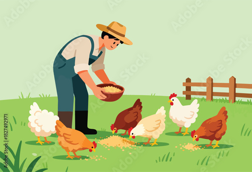 Farmer with hat, apron, and boots feeds chickens in a green field, next to a small wooden fence