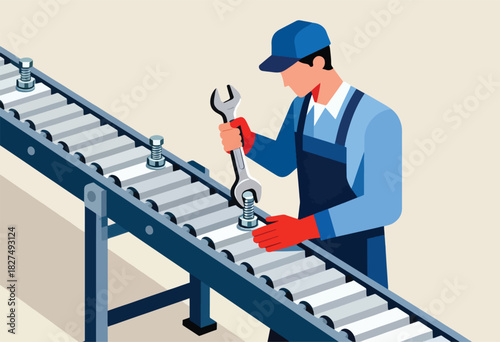 An isometric illustration shows a worker in blue overalls using a wrench on a bolt on an assembly line