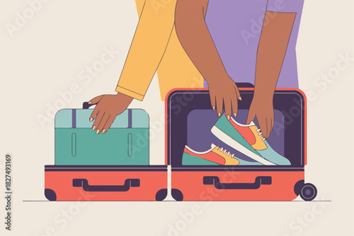 Illustration depicts packing a suitcase with colorful sneakers. The traveler is ready to leave