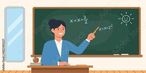 Teacher cartoon illustration in a school classroom with students and a blackboard for education and lesson study