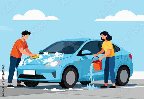 Two people washing a light blue car on a sunny day. One scrubs the hood, another pours water