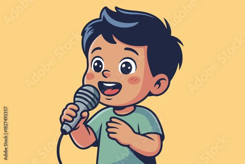 Cartoon of a joyful child singing into a microphone. Dark blue hair, fair skin, light green shirt, and a simple background