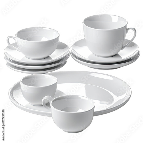 A collection of modern white porcelain teacups and saucers displayed against a black background.