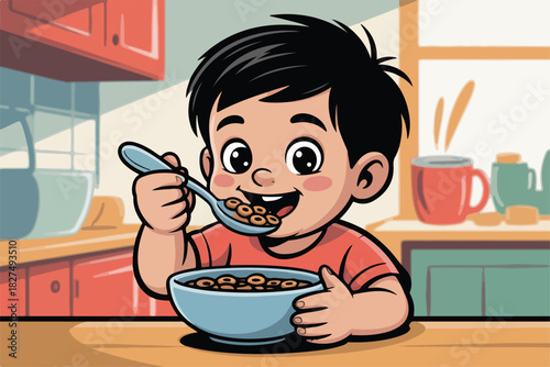 Cartoon of a happy boy eating cereal with a spoon, holding a bowl, in a kitchen setting