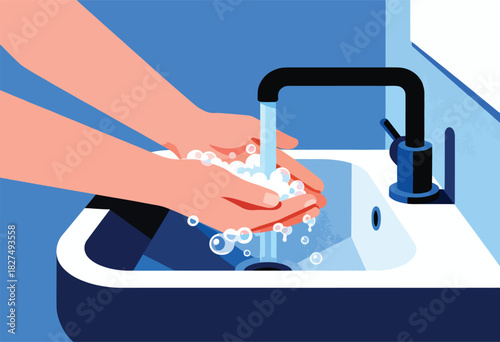 Vector illustration of hands washing under a faucet in a stylized sink with soap bubbles