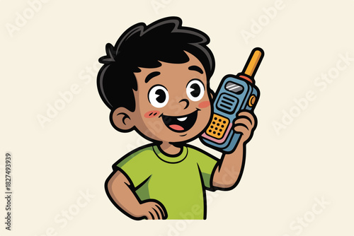 Smiling cartoon boy in a green shirt holding a walkie-talkie. It has a blue body and orange antenna
