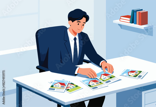 A suited man reviews house listings on a white desk, with books on a shelf in background