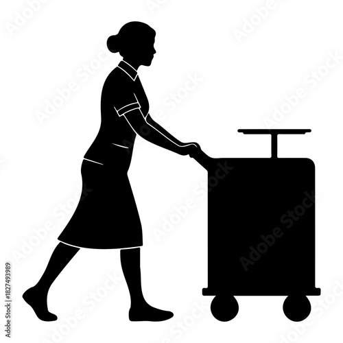 Silhouette of woman pushing luggage cart in uniform against white backdrop