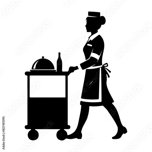 Silhouette of a waitress pushing a trolley with food and a bottle on it