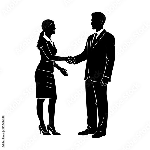 Silhouette of a woman and man shaking hands in business attire on white