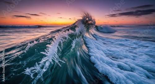Fototapeta Naklejka Na Ścianę i Meble -  Powerful frozen ocean wave with slushy ice and sharp icicles crests and splashes in the cold sea during a beautiful and dramatic winter sunset