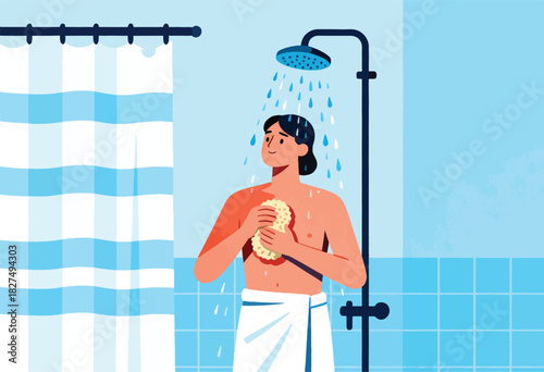 A person, wrapped in a towel, taking a shower in a blue-tiled bathroom, using a sponge