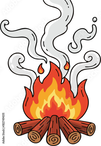 Minimalist Bonfire with Timber Logs and White Smoke on Green Background – Flat Cartoon Vector Illustration for Camping and Outdoor Desig