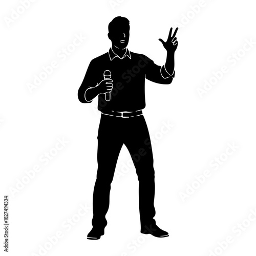 Silhouette of man holding microphone and raising hand with three fingers