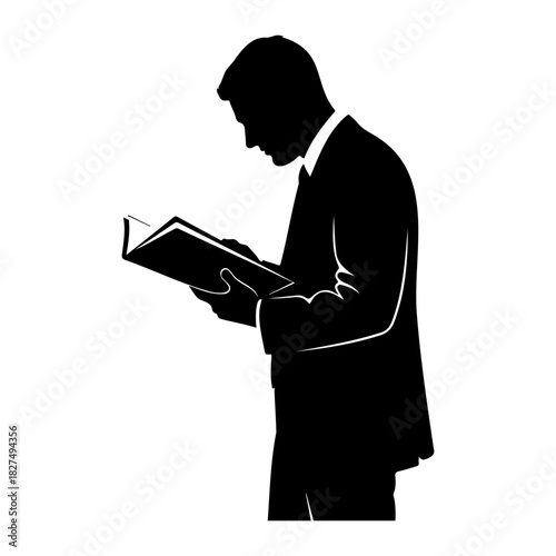 Silhouette of a man in a suit reading a book against a white background