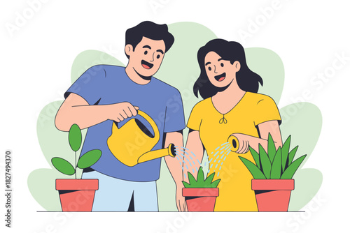 A cartoon illustration depicts a couple, smiling and tending to potted plants with a watering can and a hose