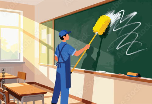 A janitor cleans a chalkboard in a bright classroom, with desks in the foreground