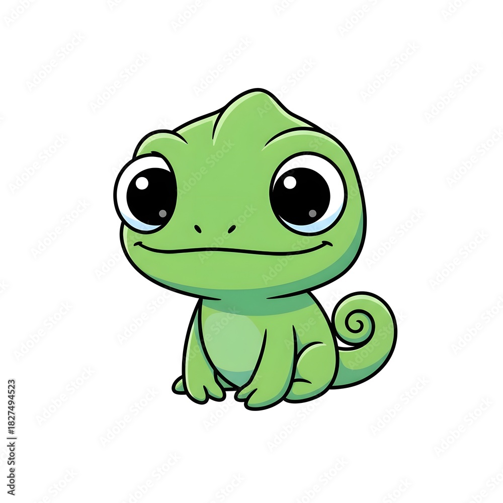 Fototapeta premium Tiny chameleon smiling with smooth minimal rounded body and cute kawai expression cut kawai images jpg
