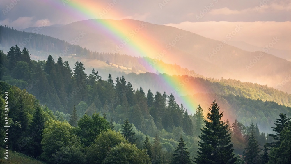Obraz premium Vibrant rainbow arching over lush green mountains during the golden hour in a serene forest landscape