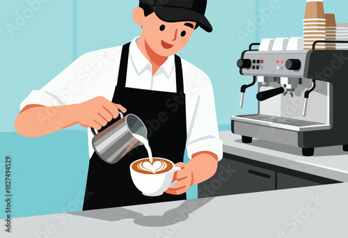 A barista pours milk into a coffee cup, creating latte art. Espresso machine is in the background