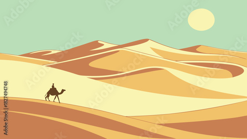 A minimalist illustration of a lone silhouetted figure riding a camel across rolling desert sand dunes under a pale sun and light teal sky. The scene has a calm, retro travel-poster aesthetic.