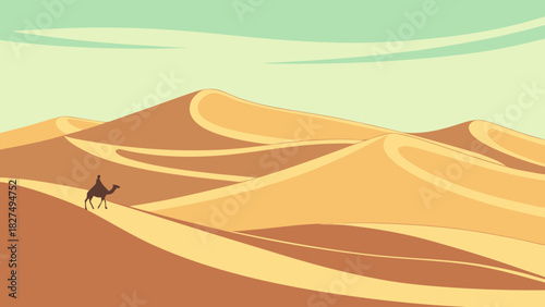 A lone camel and rider traverse stylized desert dunes under a soft green-yellow sky with sweeping clouds.