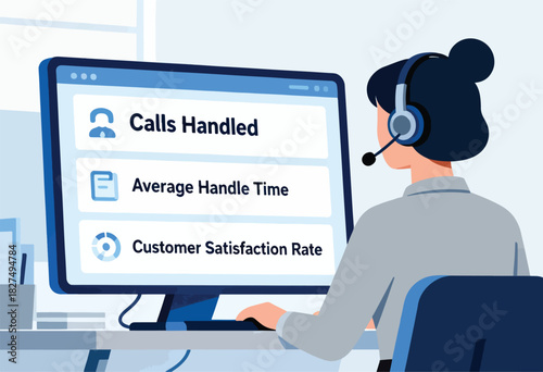 An illustration depicts a customer service agent wearing a headset, viewing metrics on a computer screen