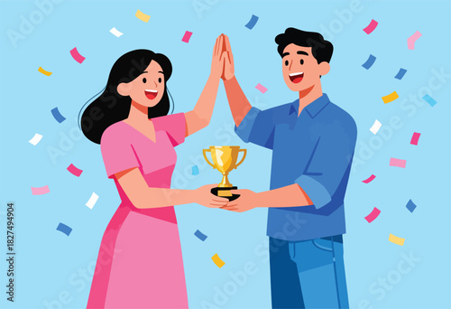 Animated illustration of two people, high-fiving and holding a trophy amidst confetti, celebrating success