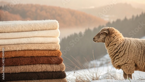 Soft winter wool gradient creates a cozy scene with sheep and warm textiles at sunset in a serene countryside landscape