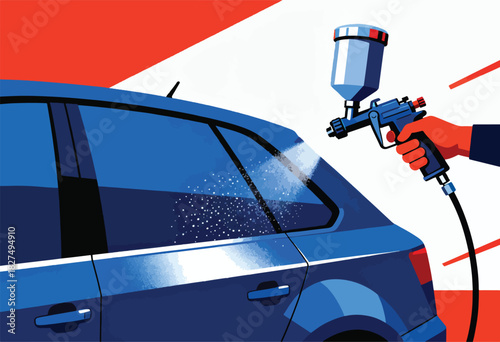 Blue car is being painted with a spray gun, with a red & white background and an orange gloved hand