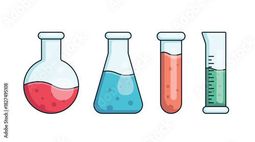 Laboratory equipment for chemistry, medicine, scientific experiments, chemical tests, and analysis. Flasks, test tubes with reagents and bubbles