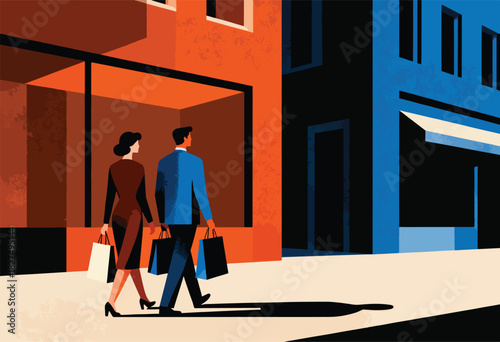 A couple walks down a street holding shopping bags, rendered in a minimalist style against colorful buildings