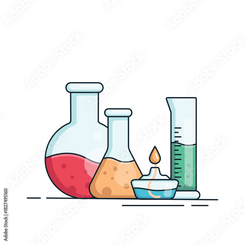 A set of chemical glassware. Flasks, a measuring cylinder, and a burner on a white background in a trendy flat style. The concept of scientific research and experiments in the field of chemistry