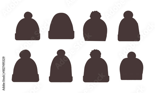 Knitted winter hat with pompom , doodle style flat vector silhouette set for web, social media, card or banner design .