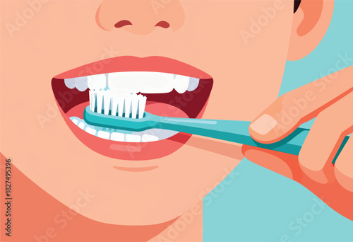 Illustration of a person brushing their teeth; a close up shows an open mouth with a toothbrush inside