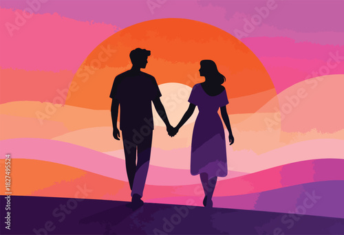 Silhouette of a couple holding hands walking towards a sunset. Colorful sky, shades of pink and orange