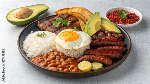 Delight in a vibrant bandeja paisa feast showcasing Colombia's rich culinary heritage from a top-down perspective