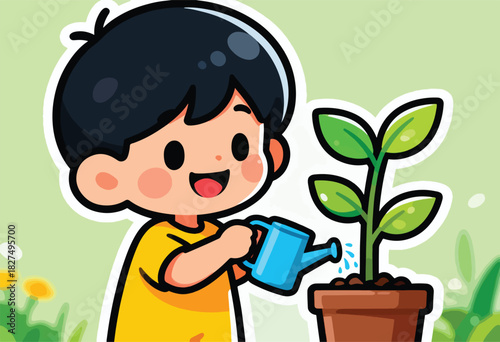 Cheerful cartoon boy waters a potted plant with a blue watering can against a soft green background